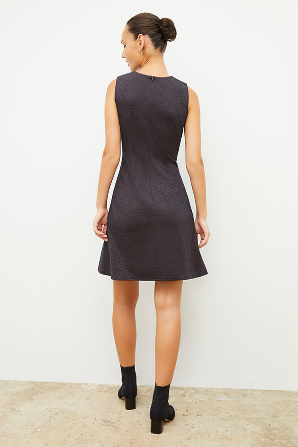 Back image of a woman wearing the jayde dress in navy multi | Exclude