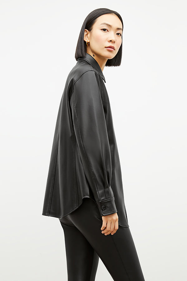 Image of a woman wearing the Sierra Shacket - Vegan Leather in Black | Exclude