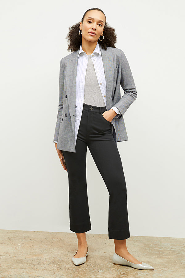 Front image of a woman wearing the Mila Button Down - Poplin Stripe in Blue / Ivory | Exclude