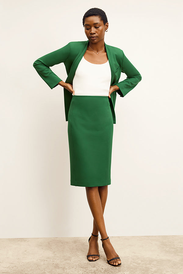 front image of a woman wearing the janette jacket in shamrock  | Exclude