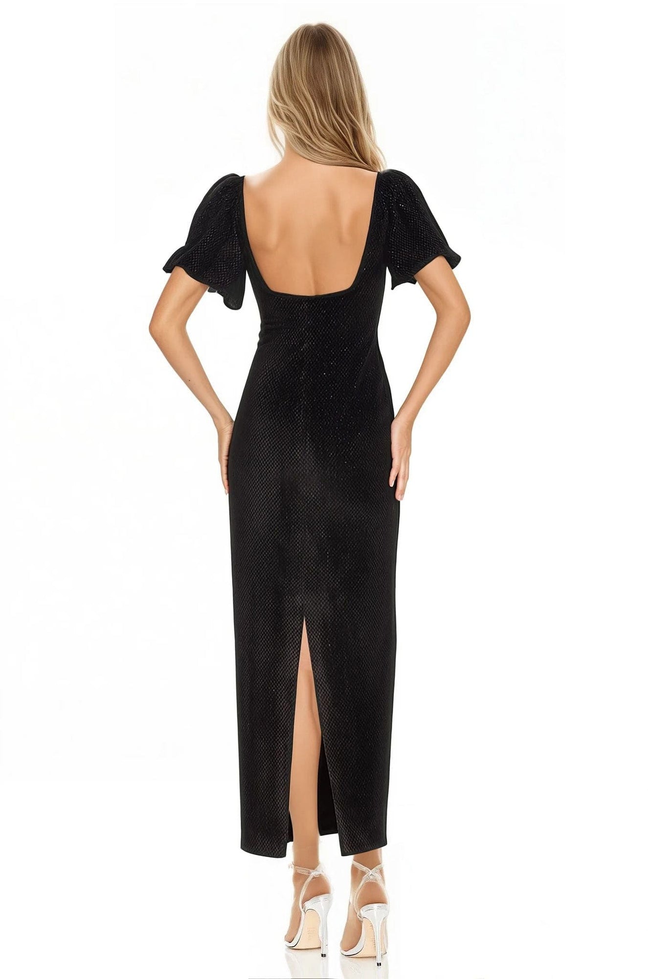 ONE33 SOCIAL | The Eliza Black Puff Sleeve Gown | Black / Silver