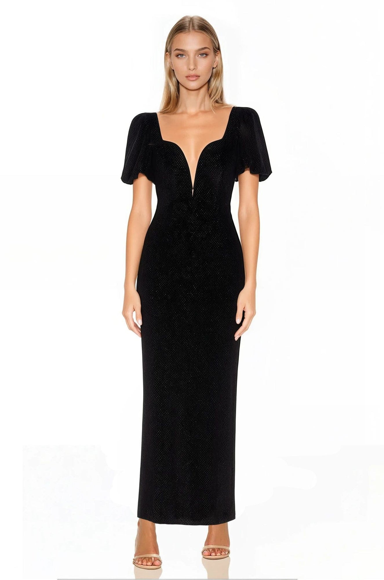 ONE33 SOCIAL | The Eliza Black Puff Sleeve Gown | Black / Silver