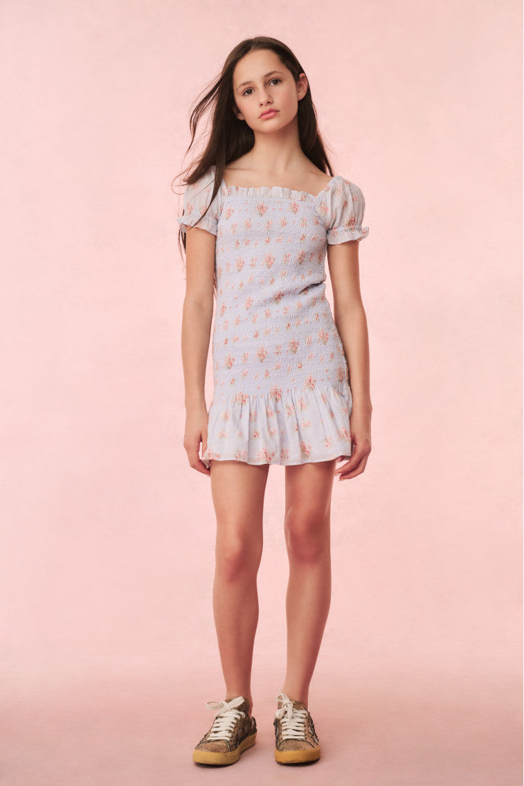 Girls Mosa Cotton Floral Dress | Skylight  Blue