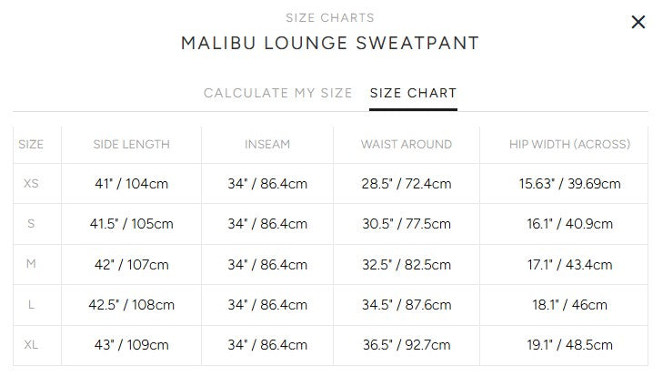 Product size guide