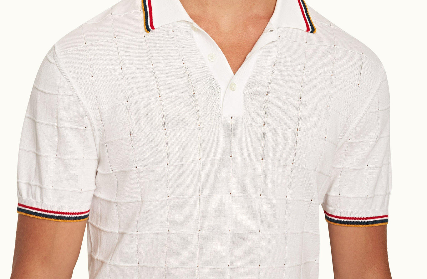 Maranon Tipping Tailored Fit Pointelle Grid Stitch Organic Cotton Polo Shirt | White