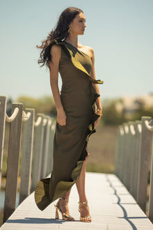 ONE33 SOCIAL | The Mercer Olive Pleated Ruffle Gown | Green