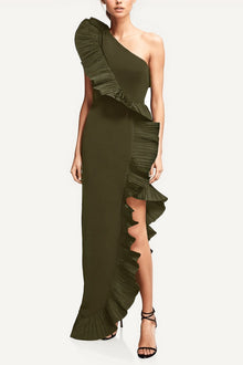 ONE33 SOCIAL | The Mercer Olive Pleated Ruffle Gown | Green