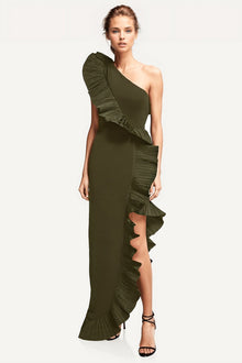 ONE33 SOCIAL | The Mercer Olive Pleated Ruffle Gown | Green