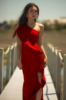 ONE33 SOCIAL | The Mercer Red Pleated Ruffle Gown | Red
