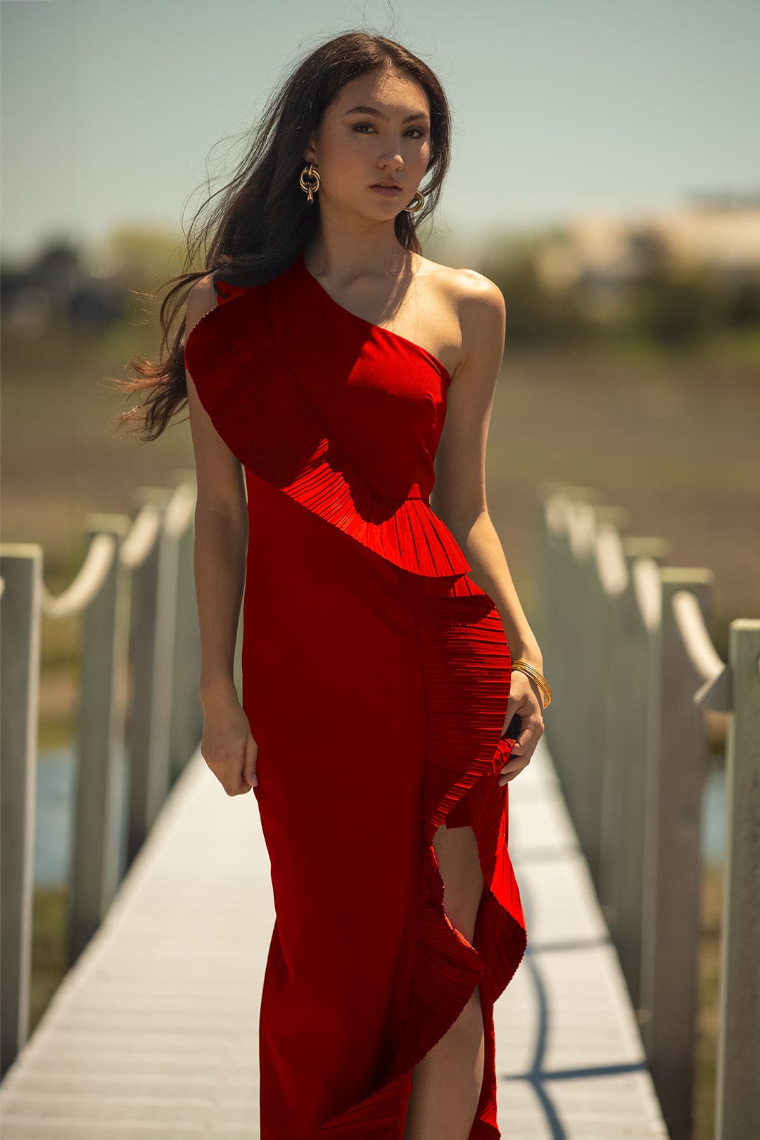 ONE33 SOCIAL | The Mercer Red Pleated Ruffle Gown | Red