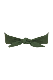 Olive green bandeau bikini top with center tie knot and textured fabric.