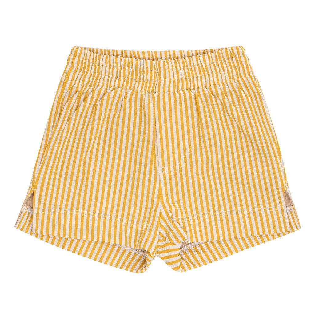 Yellow and white vertical striped swim trunk with elastic waistband and side pockets.