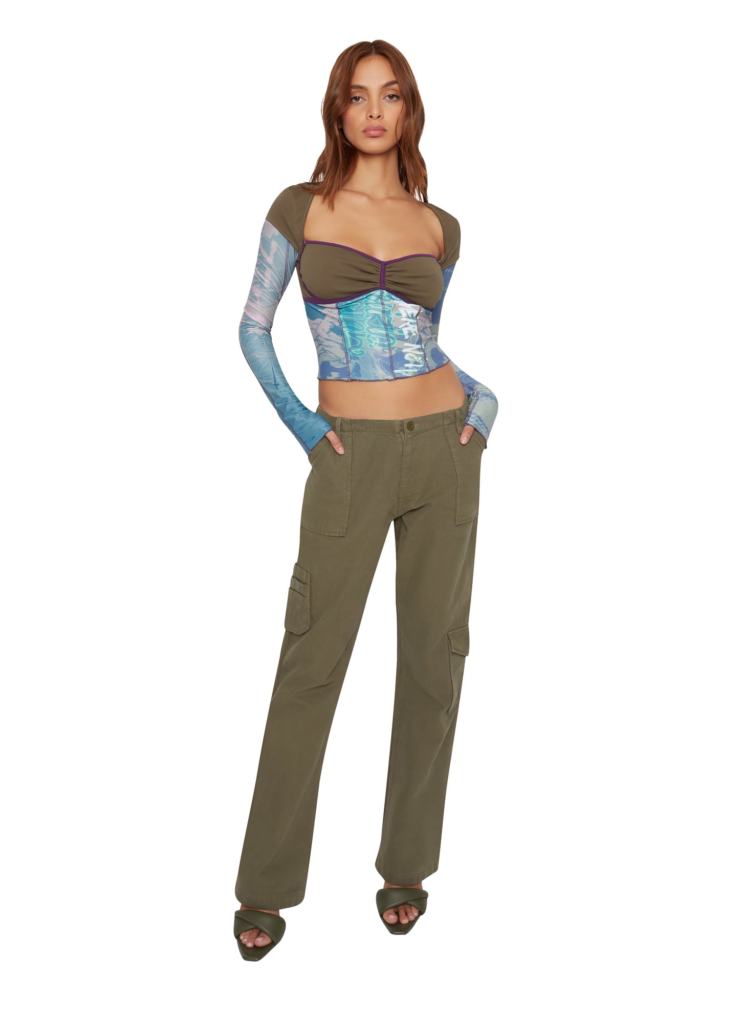 Womens | Multi Layered Bustier Print Long Sleeve Top | Olive