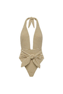 Striped one-piece swimsuit with halter neckline and tie-up bow detail at center front.