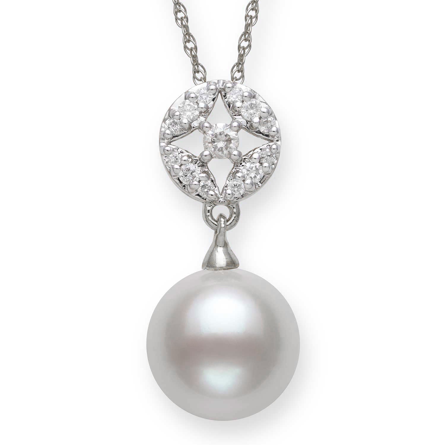 Round Pendant Necklace | 14K White Gold | 0.15 Carat Lab Grown Diamond/White Akoya Pearl | 8mm - 9mm | H-I-I2-I3