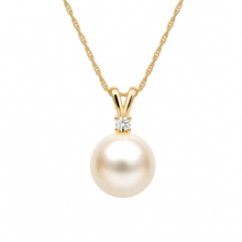 Round Pendant Necklace - Diamond Accent | 14K Yellow Gold | White Freshwater Pearl | 8mm - 9mm | 18