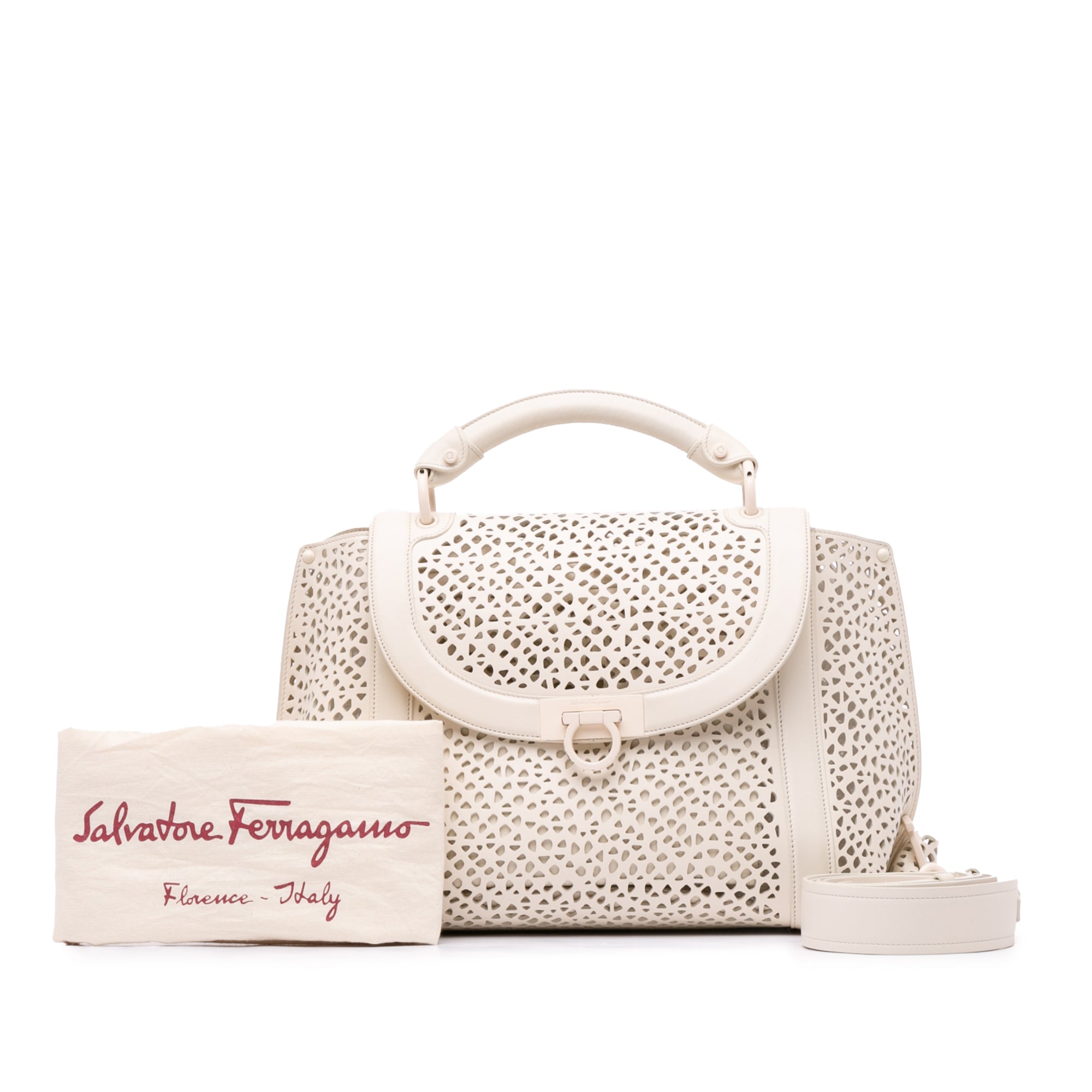 Ferragamo | Pre-Owned Leather Laser Cut Gancini Sofia | White