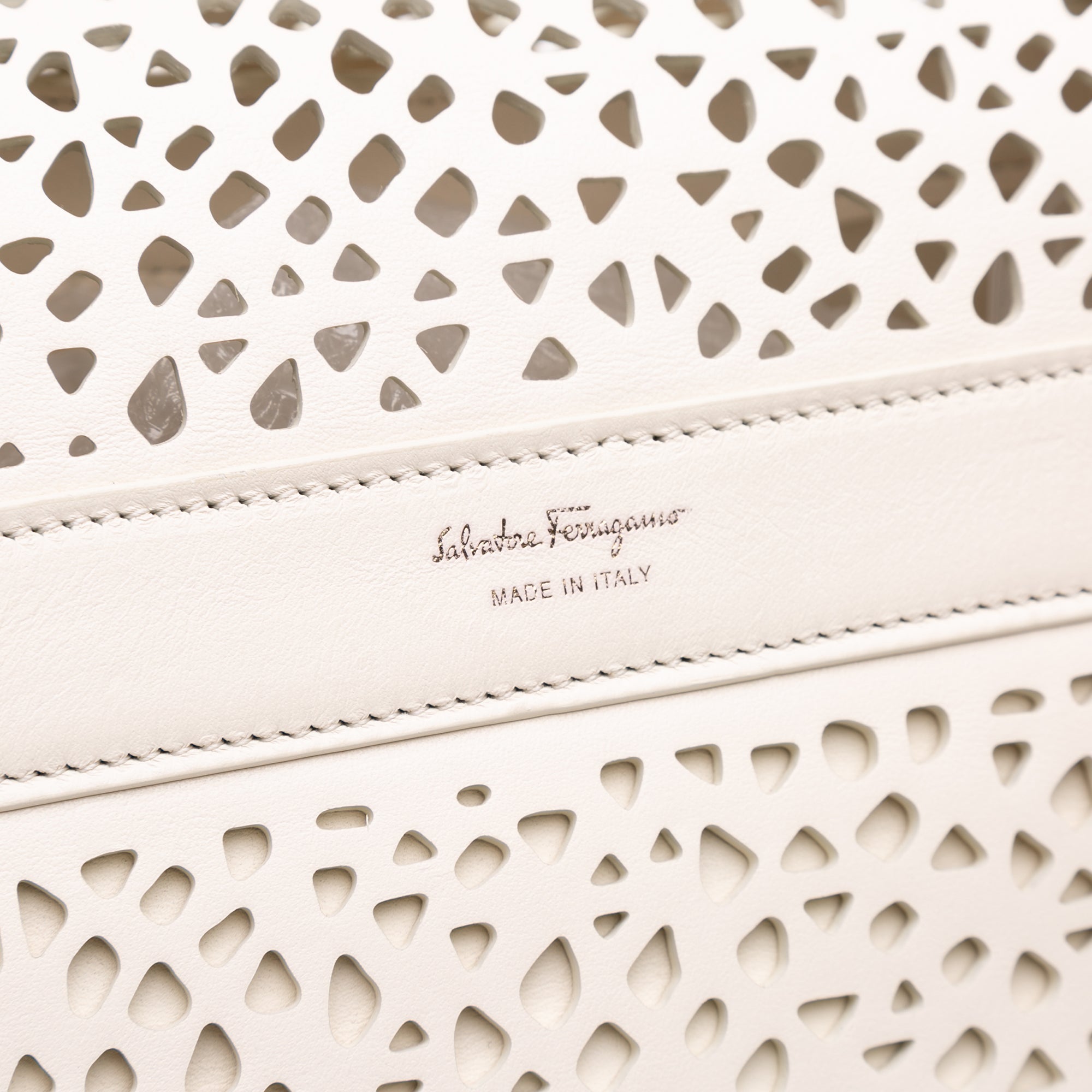 Ferragamo | Pre-Owned Leather Laser Cut Gancini Sofia | White