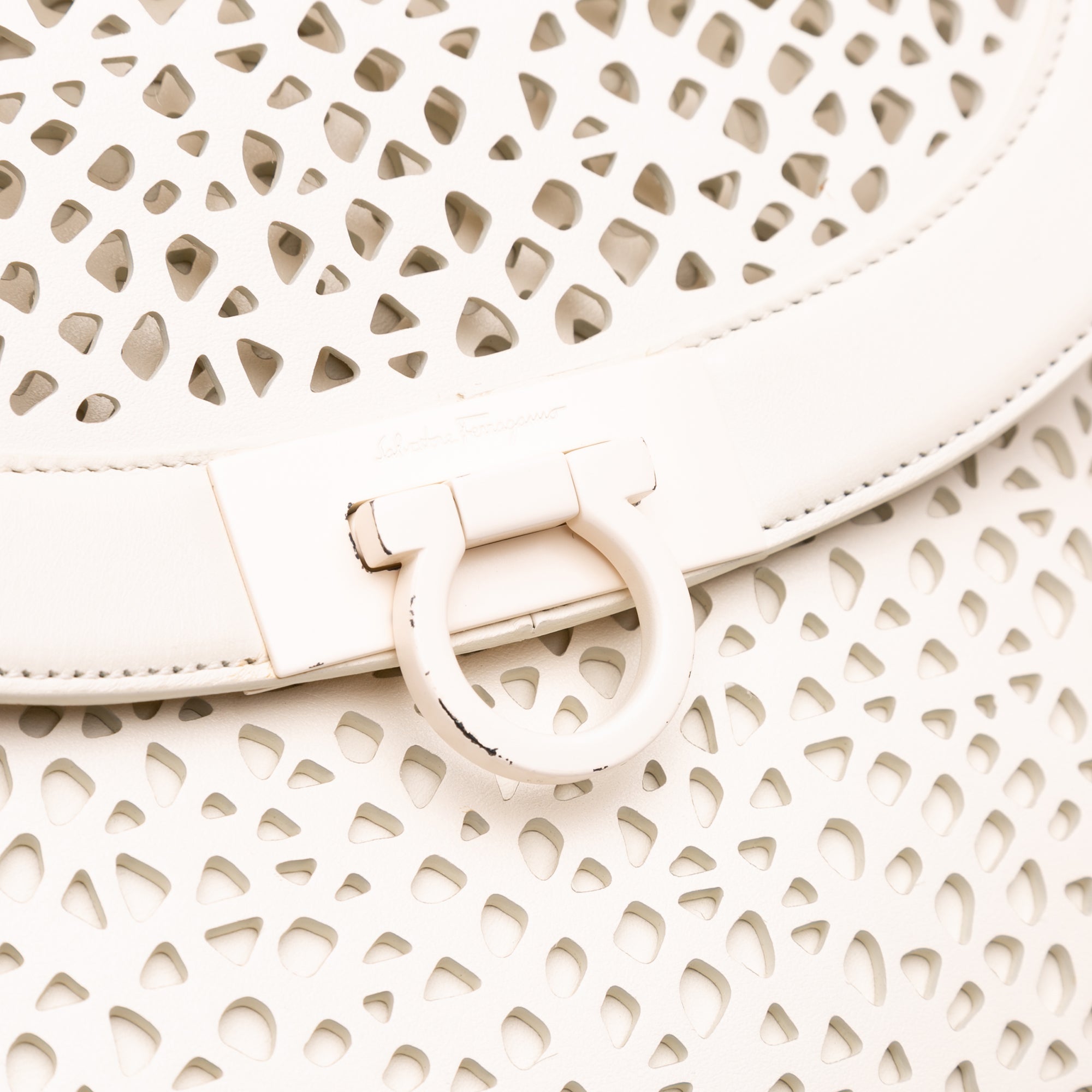 Ferragamo | Pre-Owned Leather Laser Cut Gancini Sofia | White