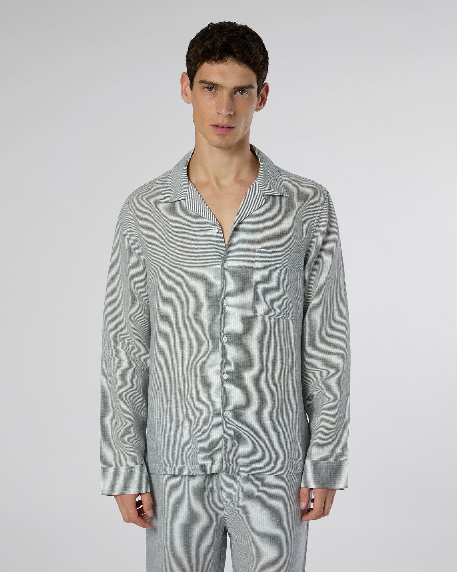 Mens | Linen Home Long Sleeve Camp Shirt | Deep Navy/White