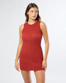 Womens | Linen Knit Scoop Back Mini Dress | Dark Red