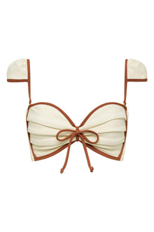 Oat and terracotta cabana bow bikini top with ruched cups and matching tie straps.