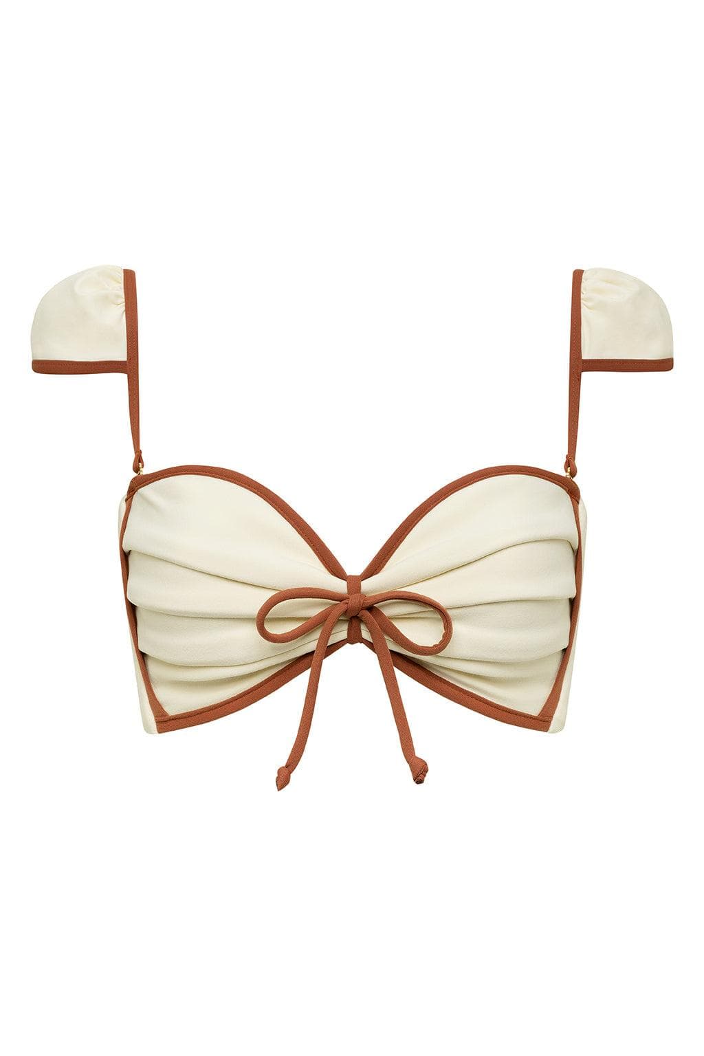 Oat and terracotta cabana bow bikini top with ruched cups and matching tie straps.