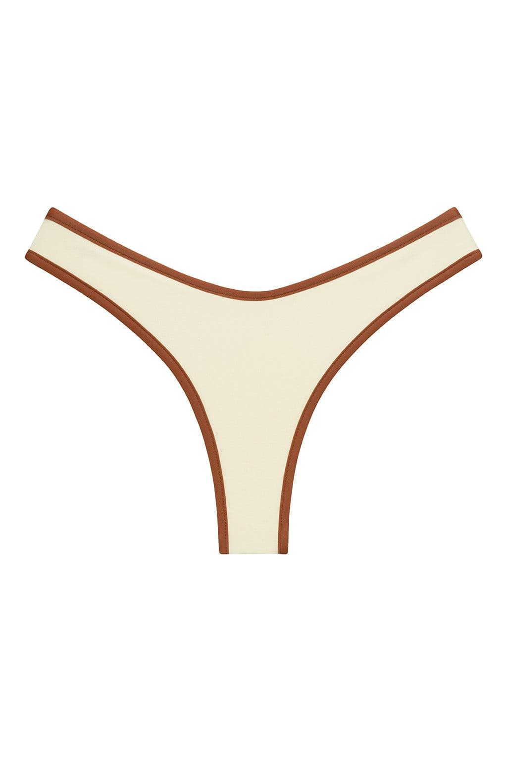Oat and terracotta colorblock bikini bottom with binding trim detail on waistband and legs.