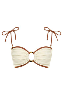 Oat and terracotta bandeau bikini top with ruched fabric, cutout center, tortoiseshell ring detail, and tie shoulder straps.