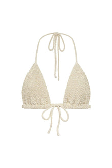 Beige textured triangle bikini top with halter neck ties and adjustable bottom ties.