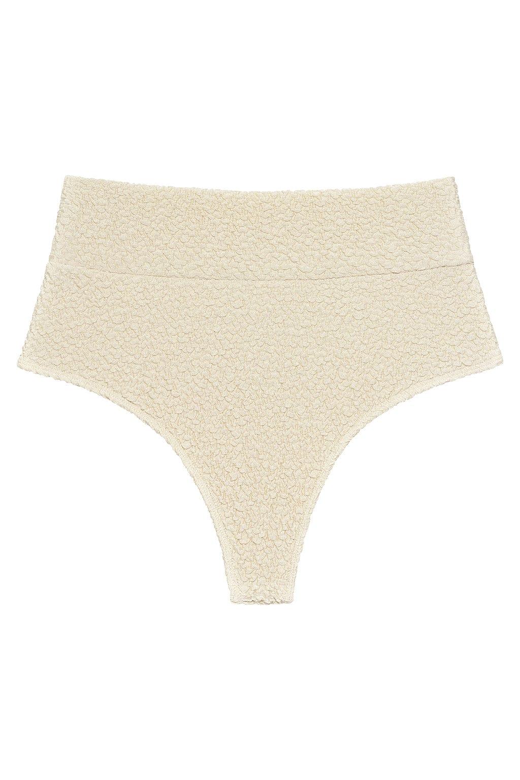 Oat-colored high-rise bikini bottom with textured fabric and full coverage design.