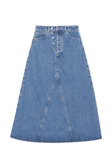 Overdyed Cutline Denim Maxi Skirt | Mid Blue Stone