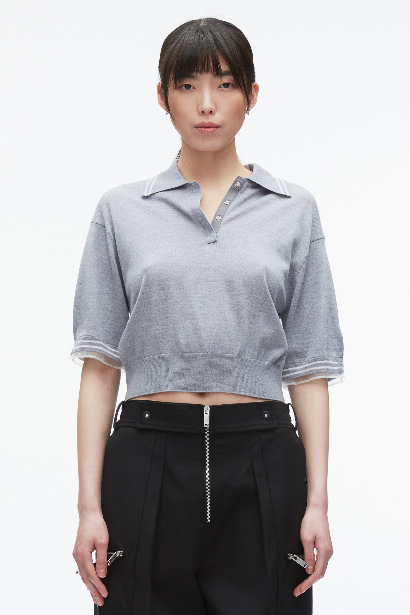 Cropped Polo with Organza | Grey Melange