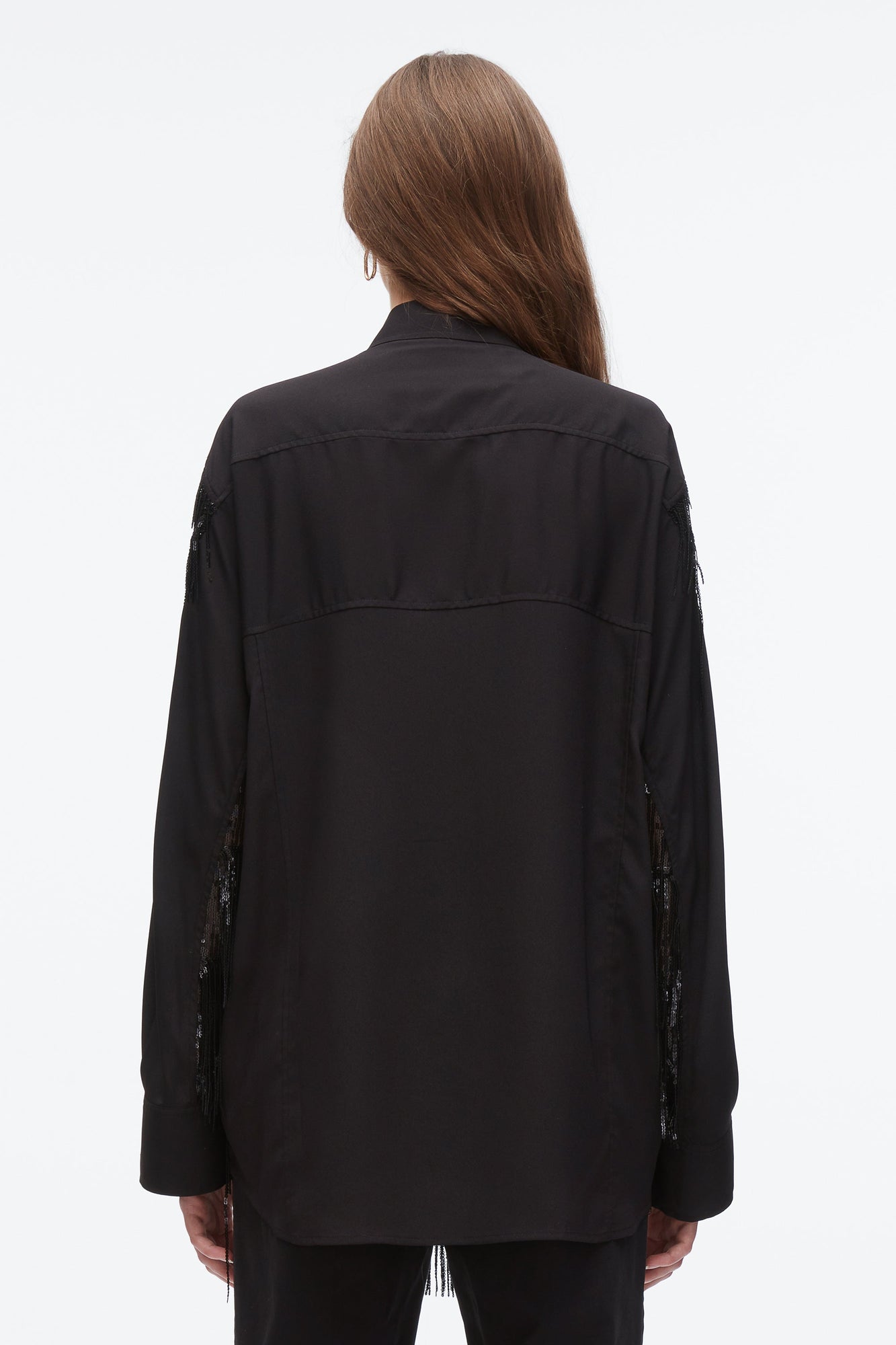 Sequin Fringe Shirt with Cascade Drape | Black