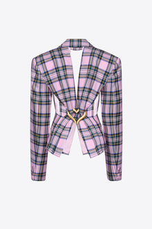 Heart Draped Cutout Checked Blazer | Pink Multi