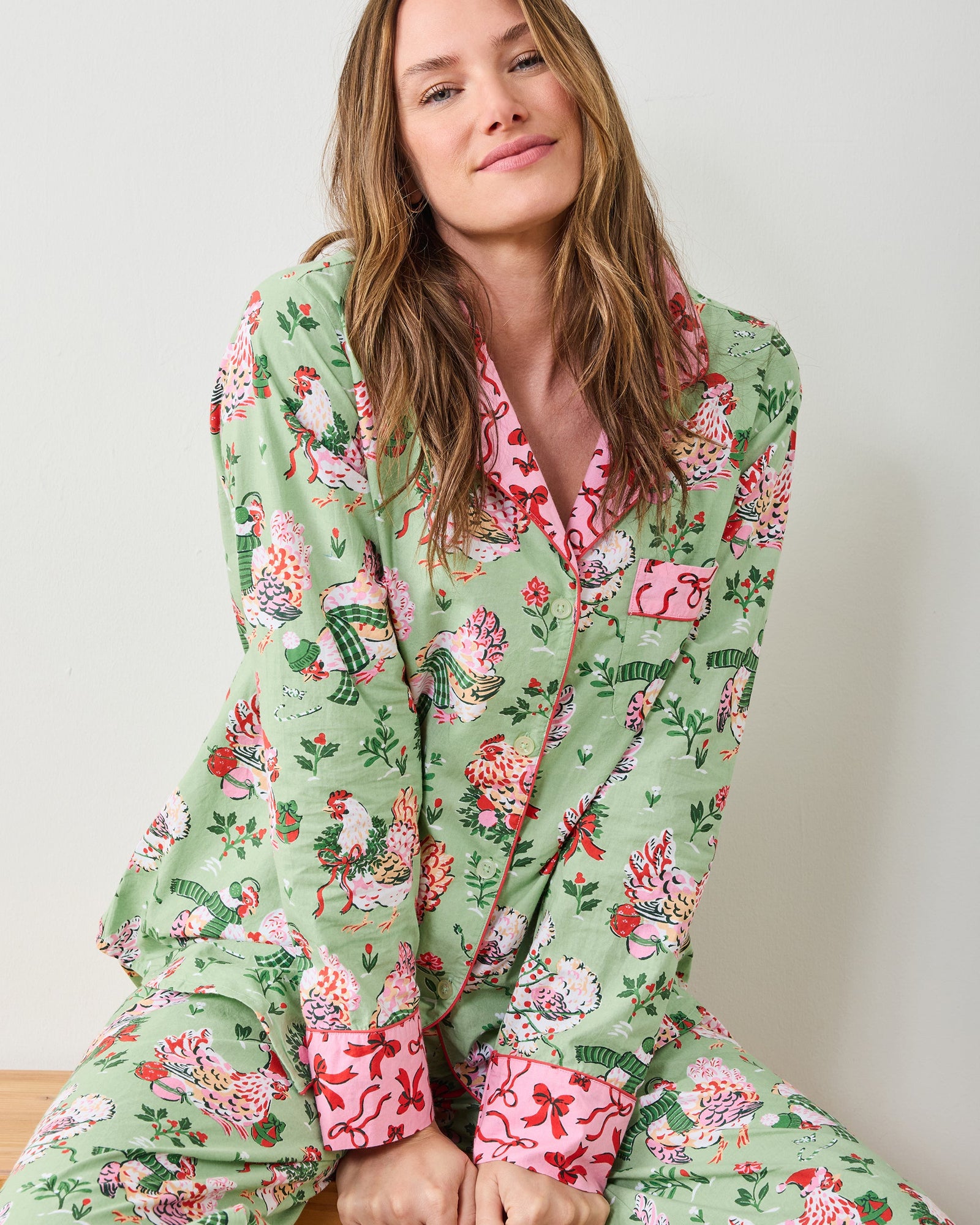 Holiday Hens - Long PJ Set - Sage - Printfresh