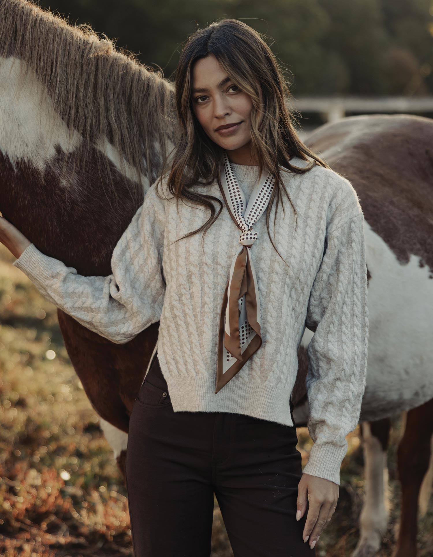 Women | Cable Knit Split Side Pullover | Cream Multi