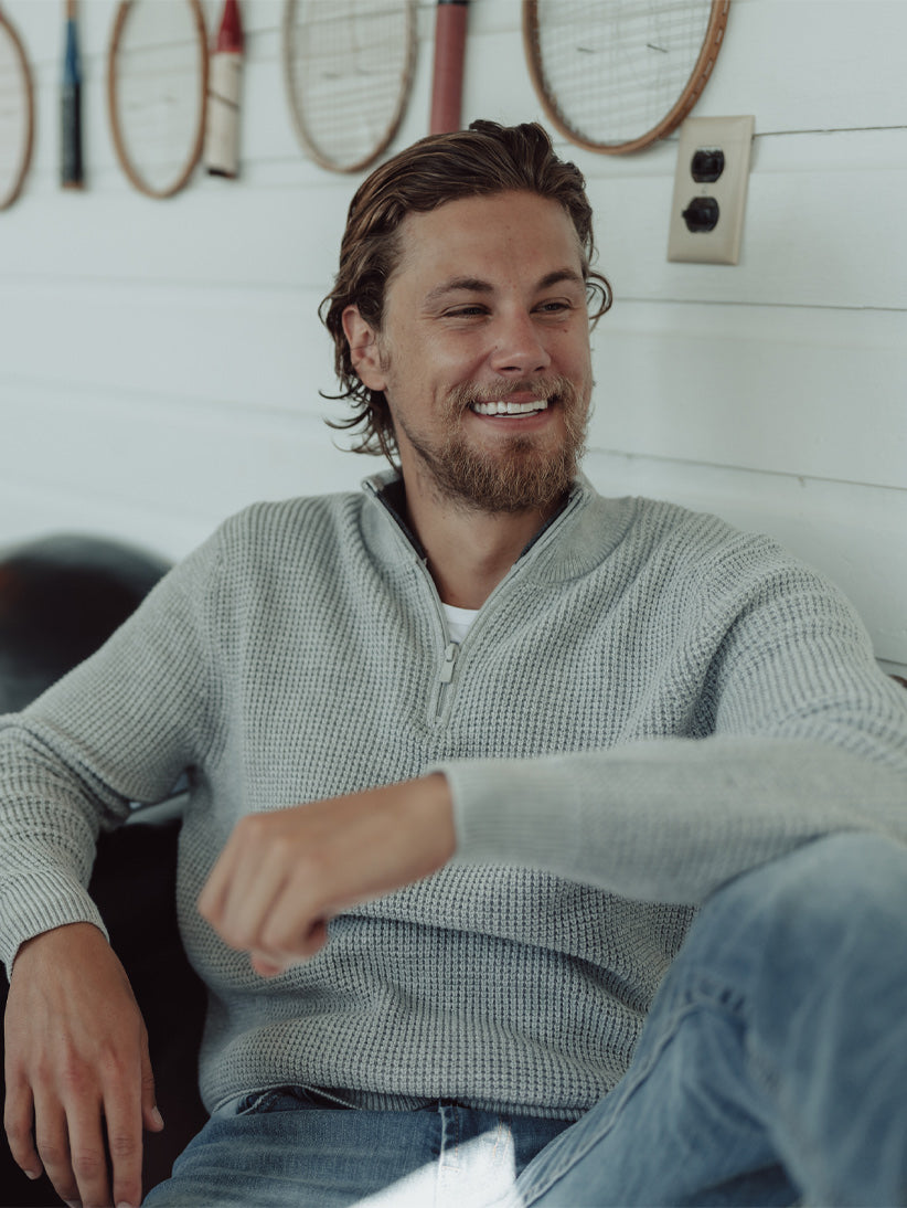 Men | Waffle Knit Quarter Zip Pullover | Grey
