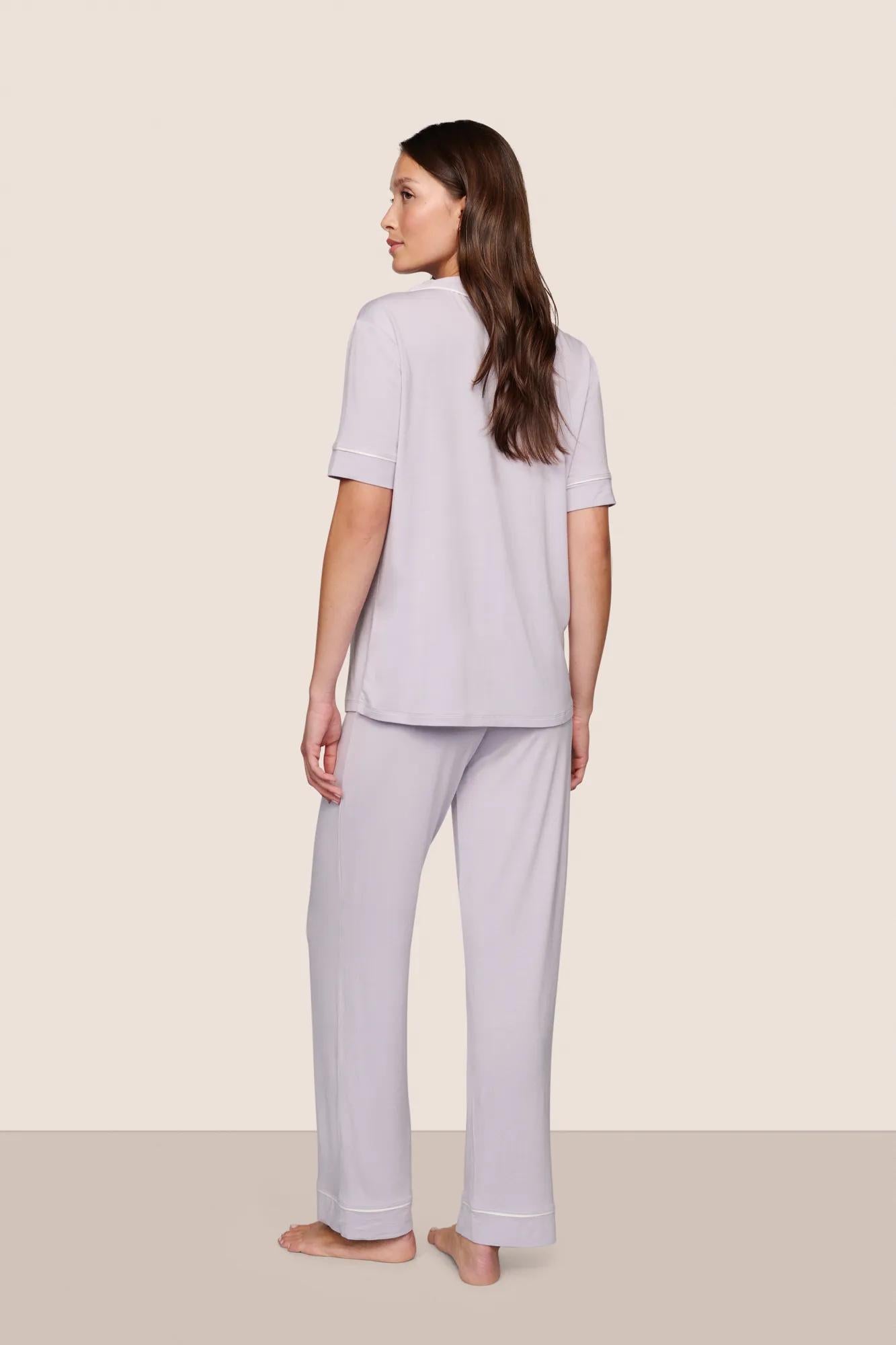 Model is wearing Gisele TENCEL Modal Short Sleeve & Pant PJ Set  in Thistle/Ivory