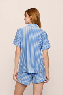 Model is wearing Gisele Printed TENCEL Modal Relaxed Short PJ Set in  Nordic Stripes Vista Blue/Ivory