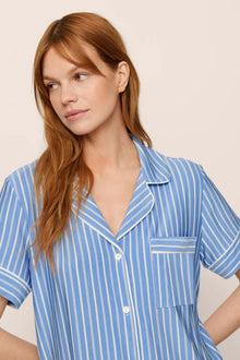 Model is wearing Gisele Printed TENCEL Modal Relaxed Short PJ Set in  Nordic Stripes Vista Blue/Ivory