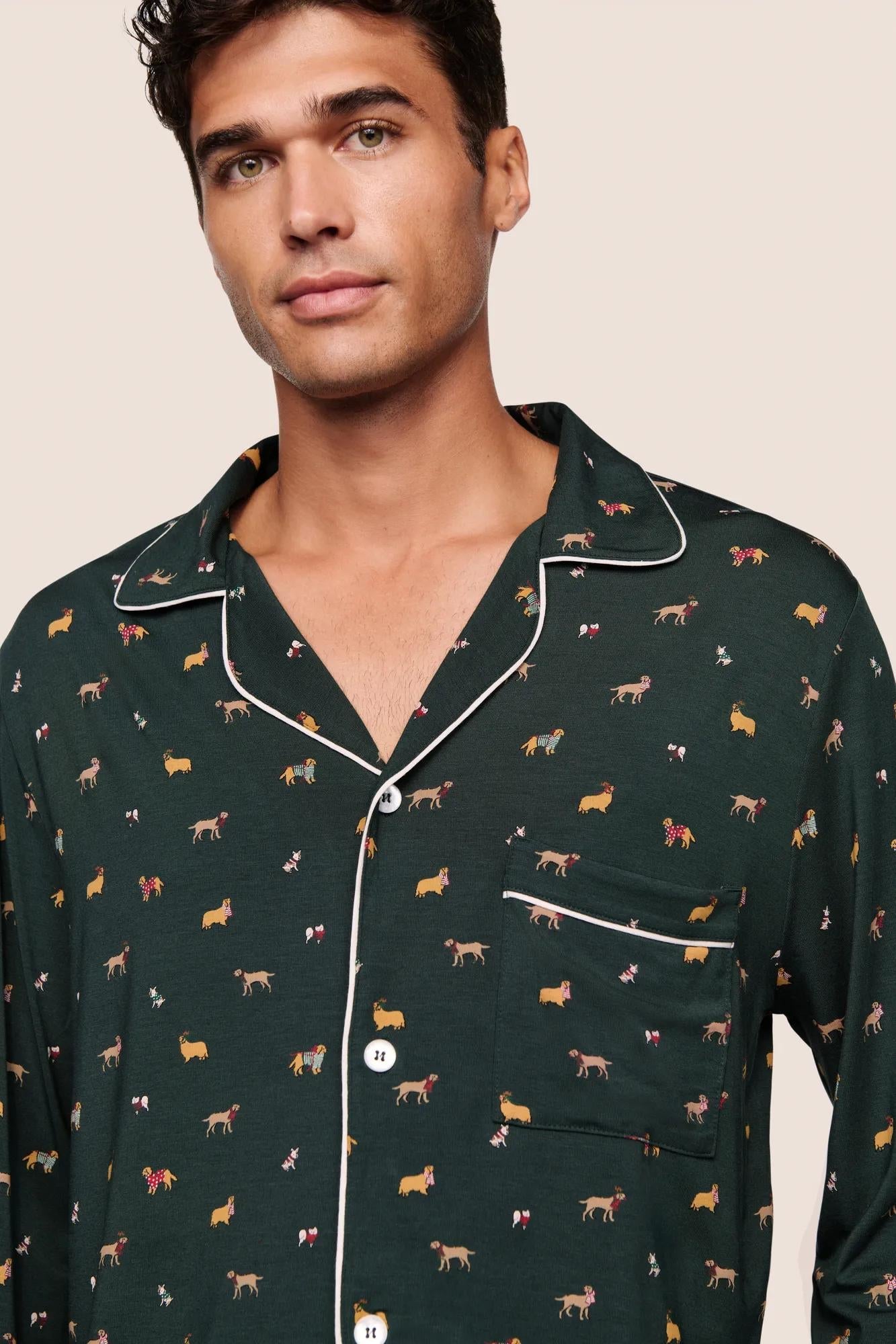 Model is wearing William Printed TENCEL Modal Long PJ Set  in Holiday Dogs Pine/Ivory