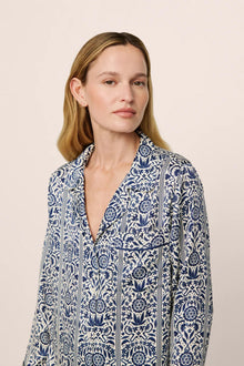 Model is wearing Inez Washable Silk Printed Long PJ Set in Azulejos Navy/Navy