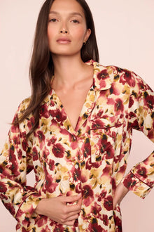 Model is wearing Inez Washable Silk Printed Long PJ Set in Botanical Flower Merlot/Merlot