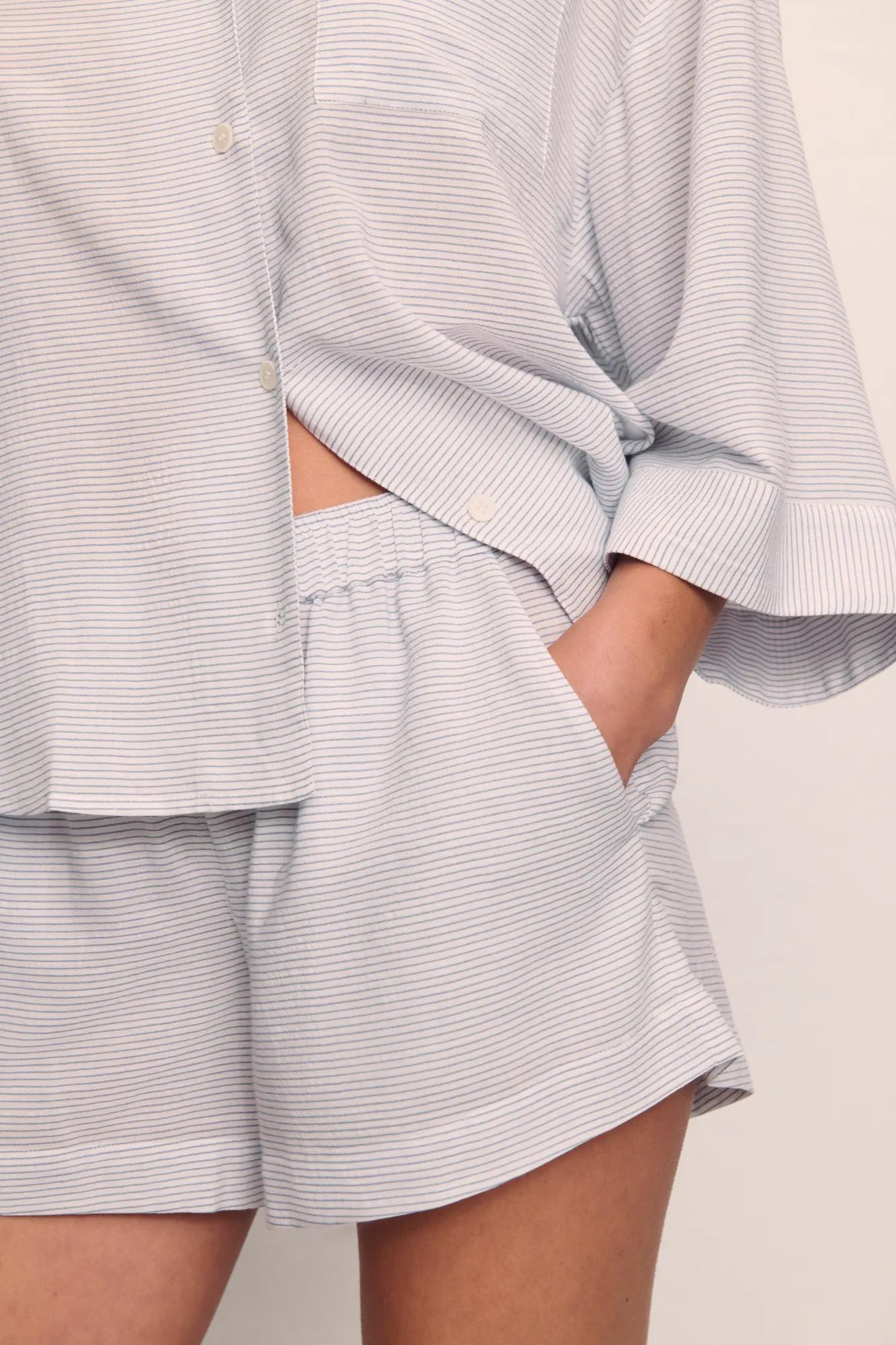 Model is wearing Nautico Relaxed Short PJ Set in  Feeder Stripes White/Peppercorn