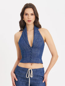 Rafaella Cotton Denim Halter Lapel Top | Navy
