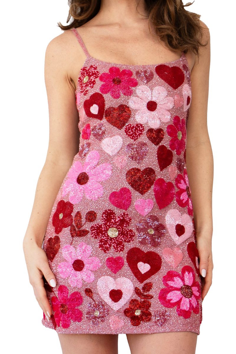 Pink Bouquet Hand-Beaded Embellished Mini Dress - Self-Adore