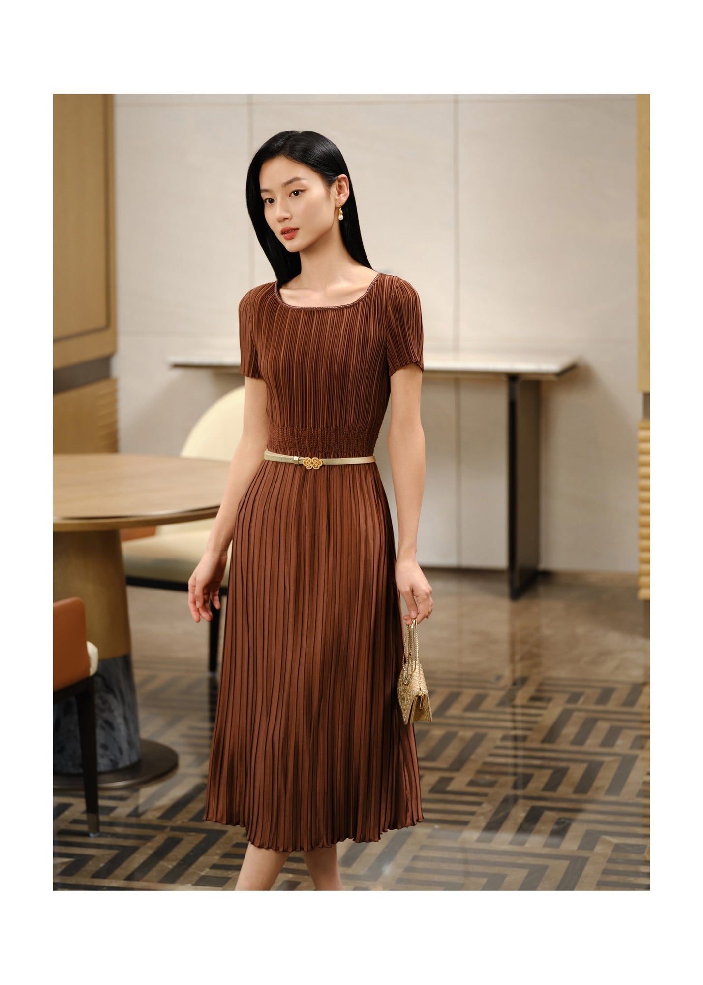 Pleated Waist-Cinched Dress | Brown