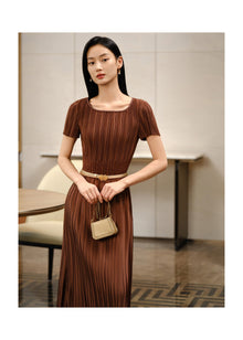 Pleated Waist-Cinched Dress | Brown
