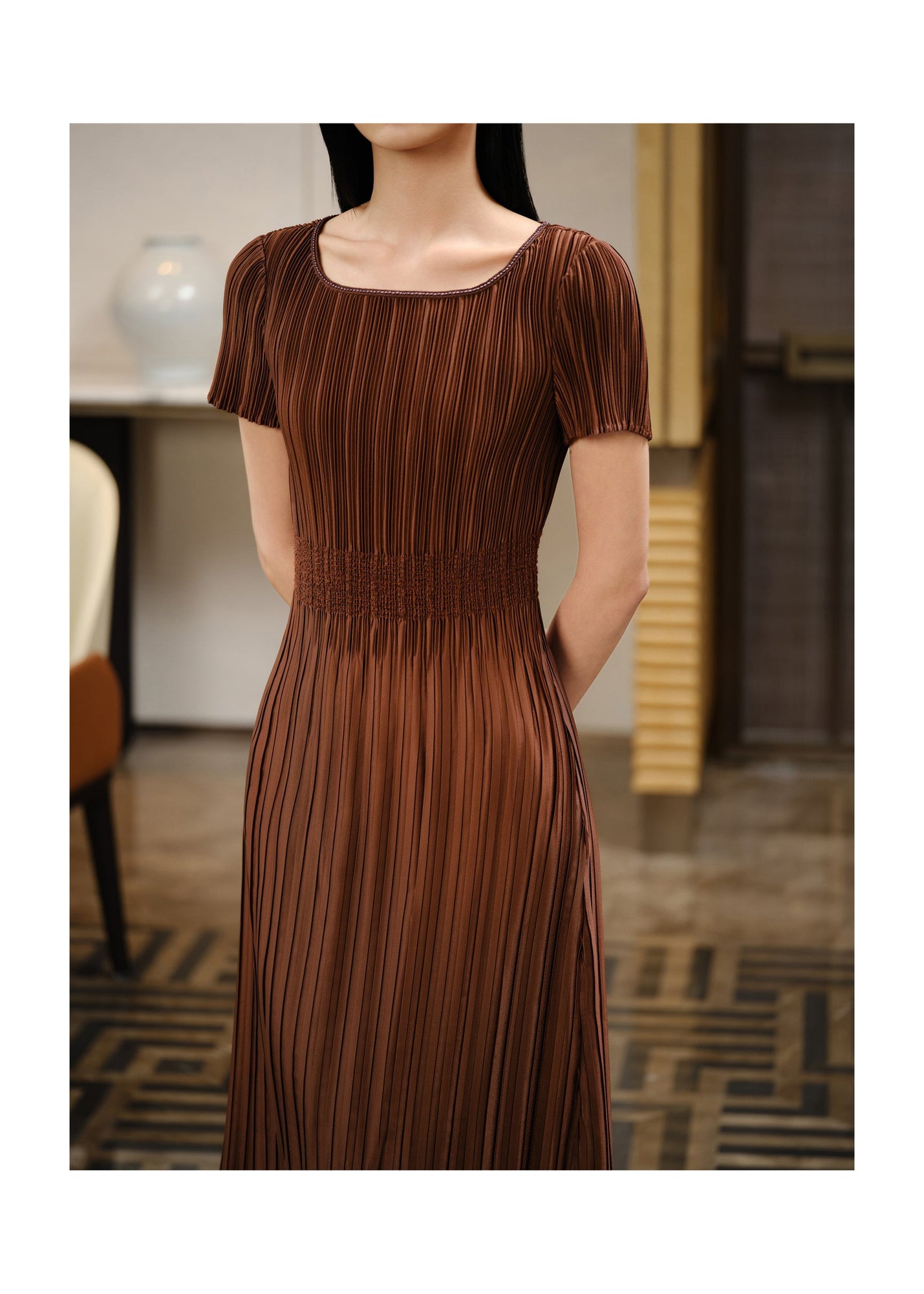 Pleated Waist-Cinched Dress | Brown